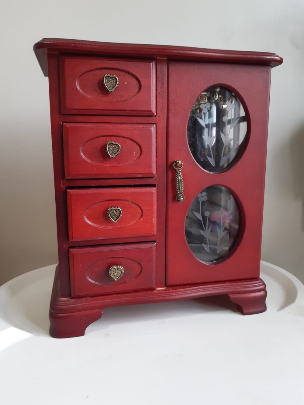 Red Wooden Jewelry Organizer Cabinet with Engraved Glass Door